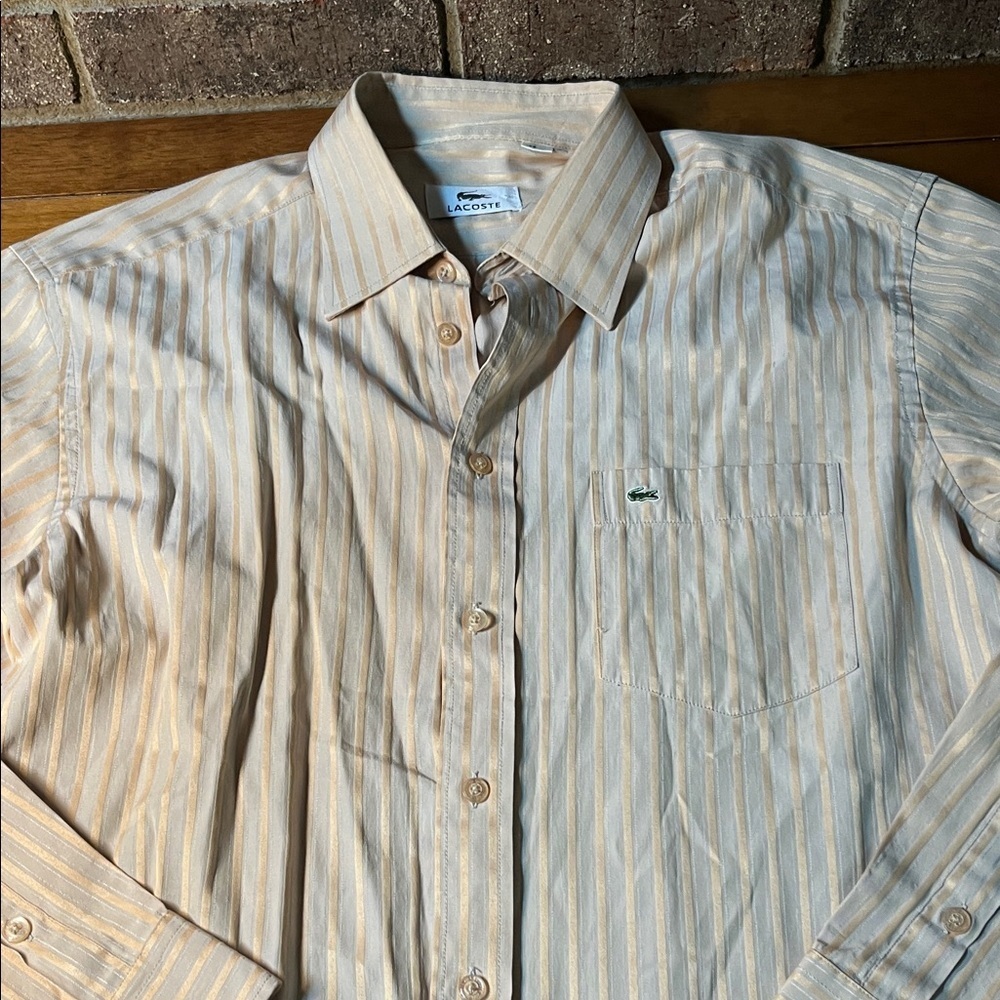 Lacoste Beige Cotton Striped Button-Up Dress Shirt 16.5